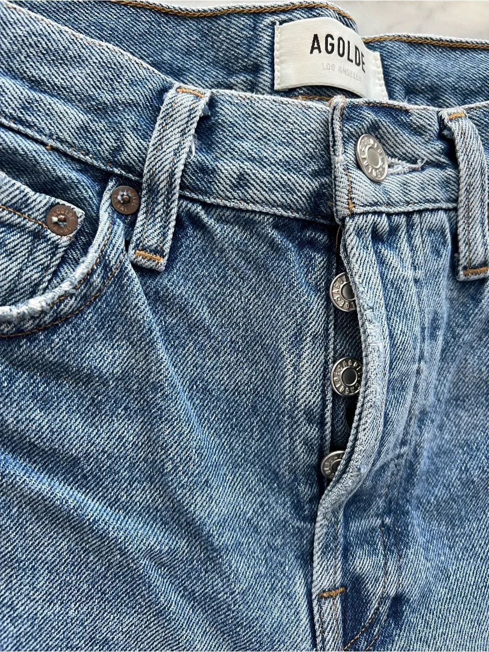 AGOLDE Parker Long High-Rise Cutoff Shorts Skywave Blue Wash Size 26